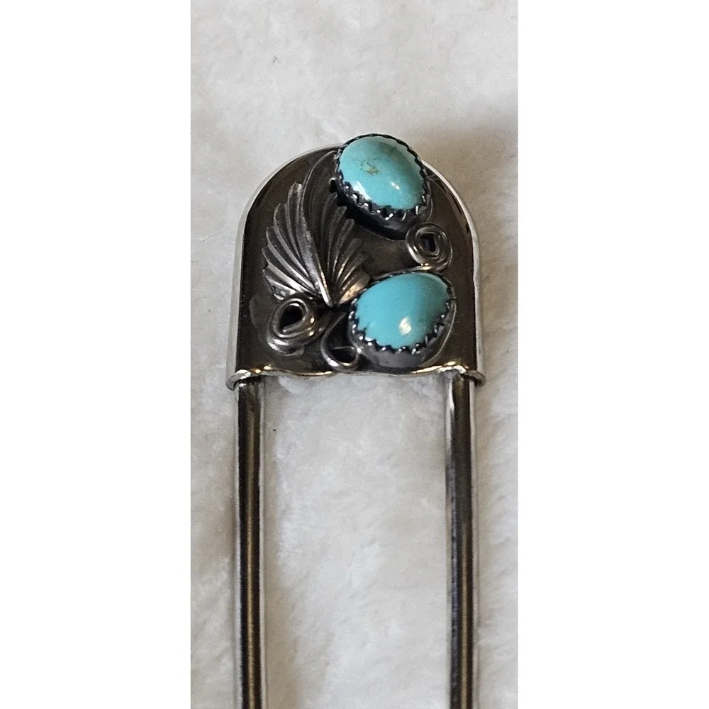 Vtg Turquoise Large Safety Pin Keychain Native American Style 3 Inch